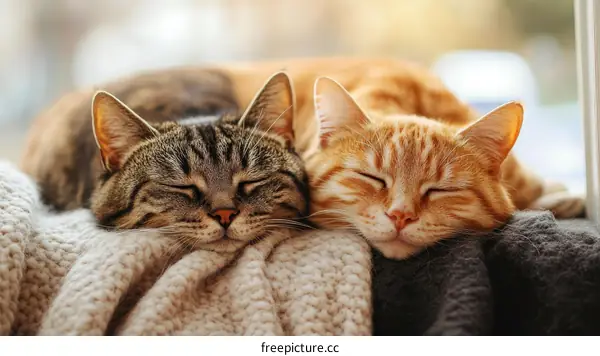 Two Cats Sleeping Peacefully on a Cozy Blanket