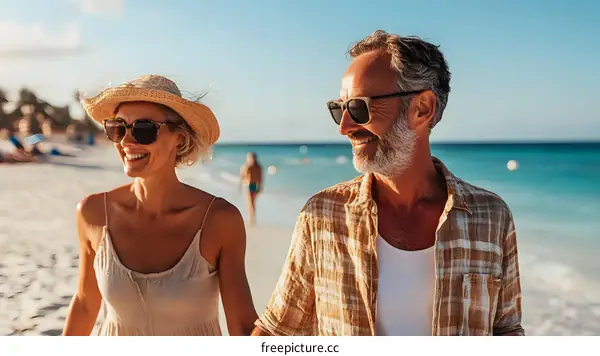 Happy Couple Walking on the Beach at Sunset