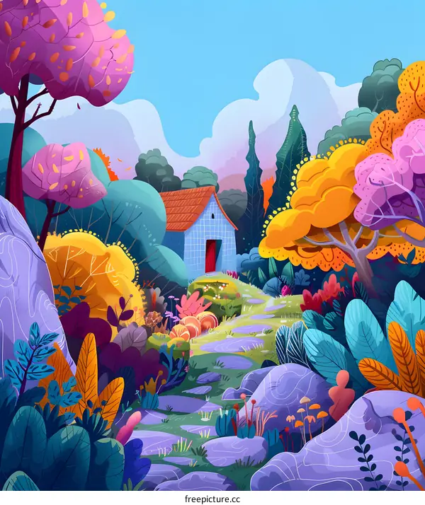 Colorful Illustration of a Forest with a Small Blue House