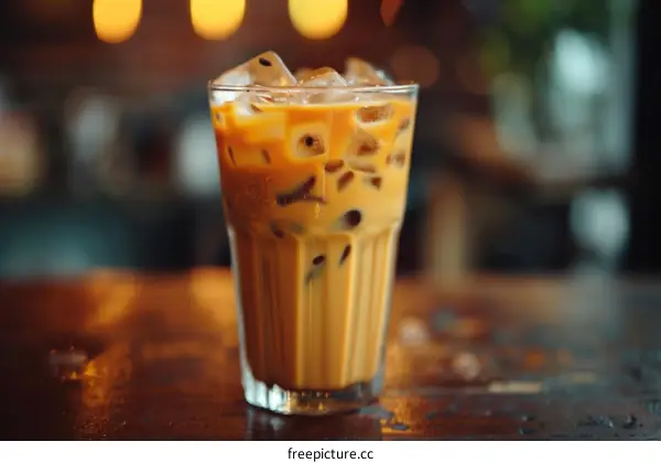 Iced coffee in a glass on a wooden table