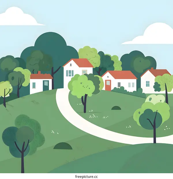 Cartoon Illustration of Green Trees and Houses on Hill
