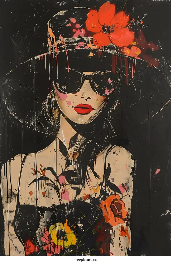 Woman in Black Hat and Sunglasses, Flowers and Abstract Background