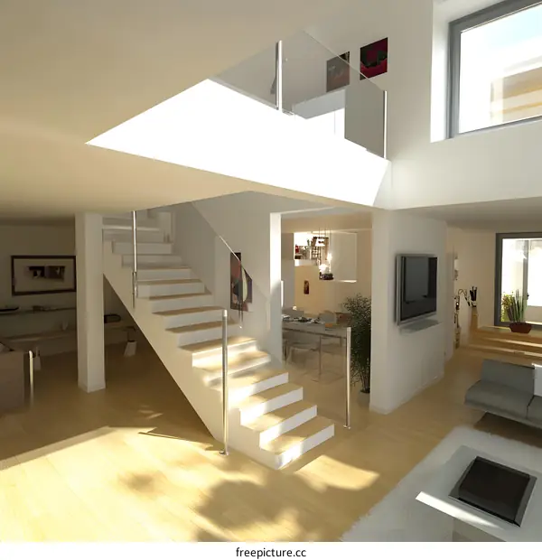 Modern Interior Design with White Staircase and Glass Railing