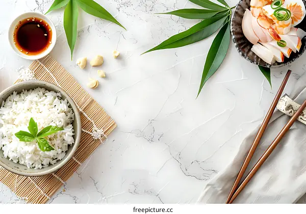 White Marble Background with Asian Food Elements