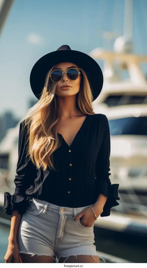 Blonde woman in black hat and sunglasses posing in front of a yacht