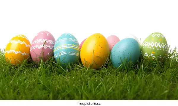 Colorful Easter Eggs on Grass Background