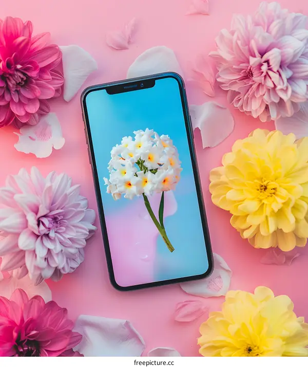 Pink Background with Flowers and Phone