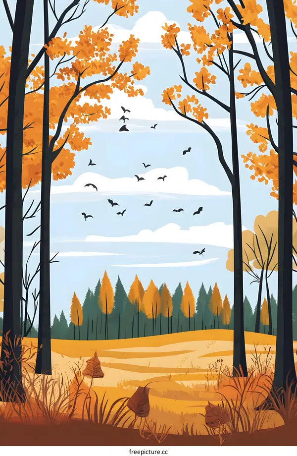 Autumn Forest Landscape With Flying Bats