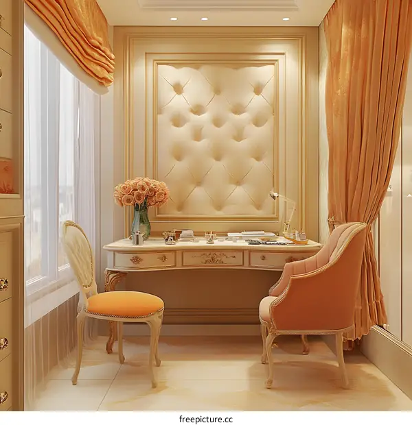 Luxury Interior Design with Golden Accents and Upholstered Wall Panels