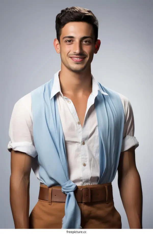 A handsome dark-haired man with brown eyes poses for the camera in the studio
