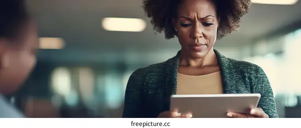 Serious Businesswoman Working on Tablet in Office