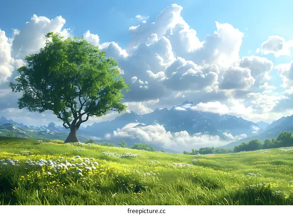 fantasy landscape with mountains and a large tree