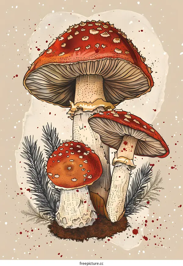 Three Red Mushrooms with White Spots on Beige Background