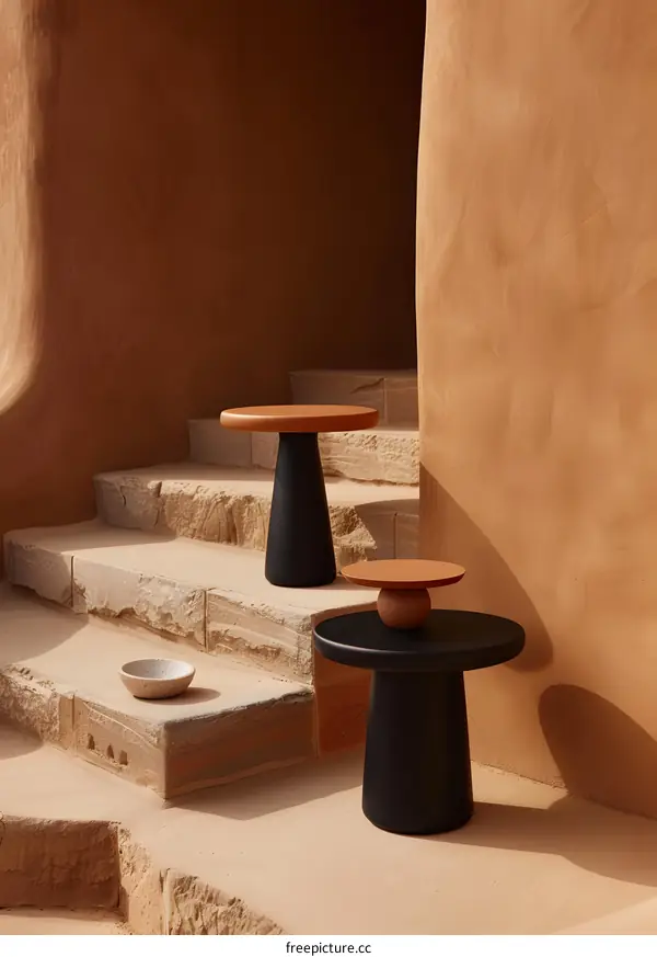 Two Modern Round Tables on Stone Steps in a Desert Setting