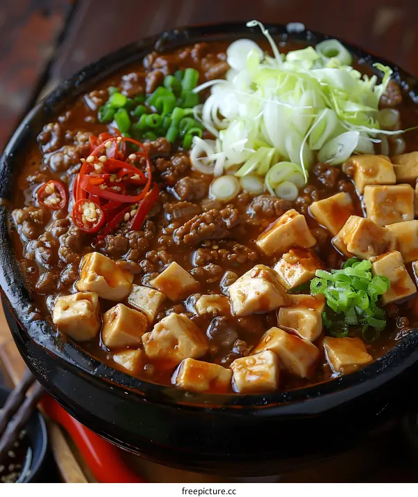 Close Up of Chinese Mapo Tofu Dish in a Black Bowl