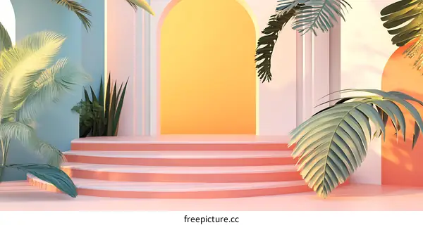 Tropical Minimalist Abstract Background with Pink Steps and Arches