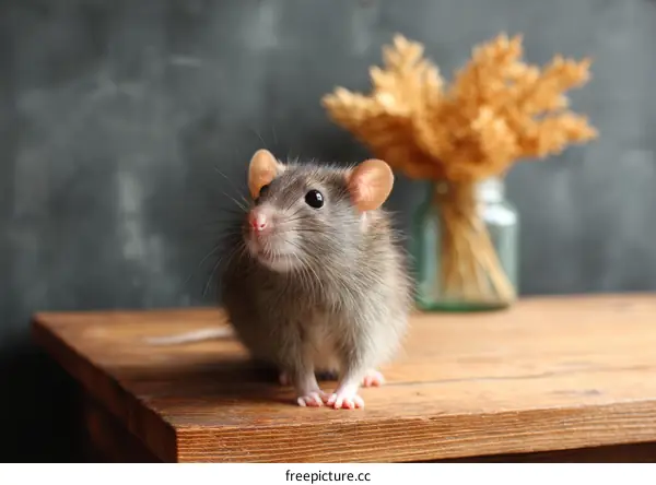 Cute Gray Rat on Wooden Table