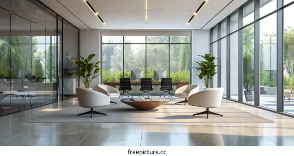 Modern office with green plants and large windows