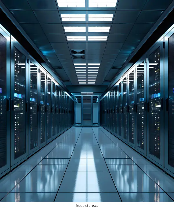 Server Room with Rows of Racks and Illuminated Ceiling