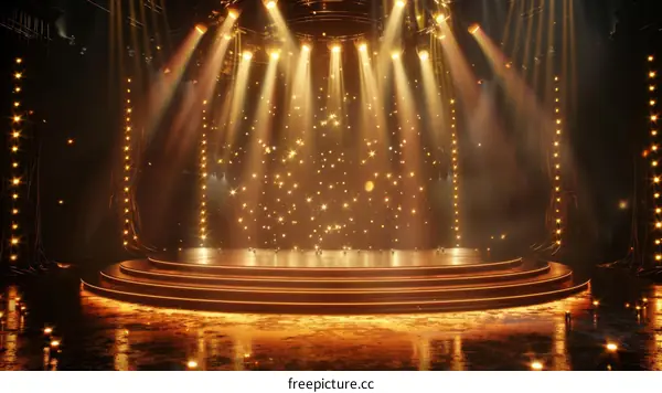 Golden stage with spotlights and stars