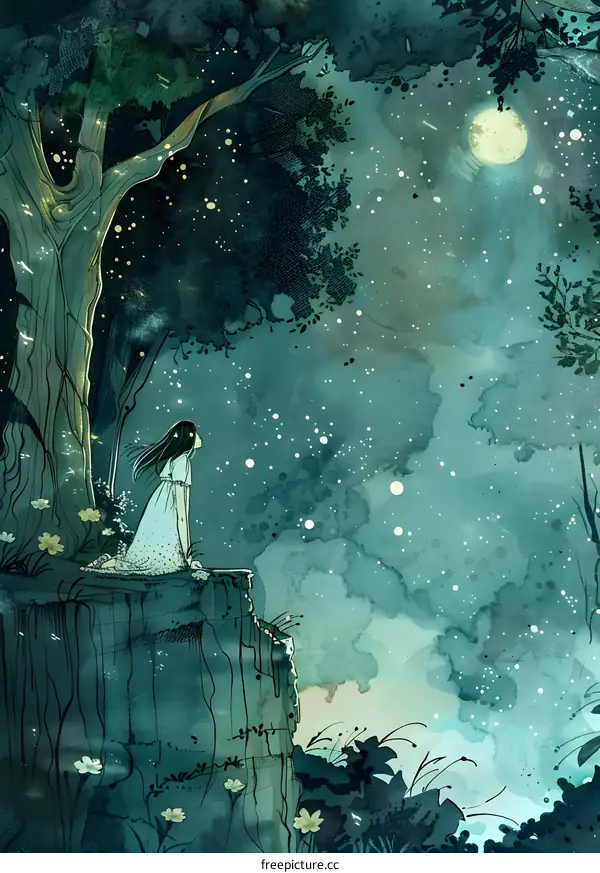 Girl Looking at the Stars in the Night Sky Watercolor Illustration