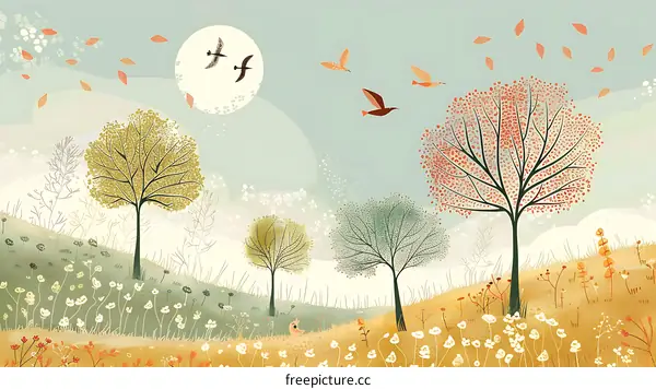 Autumn Landscape with Birds and Trees