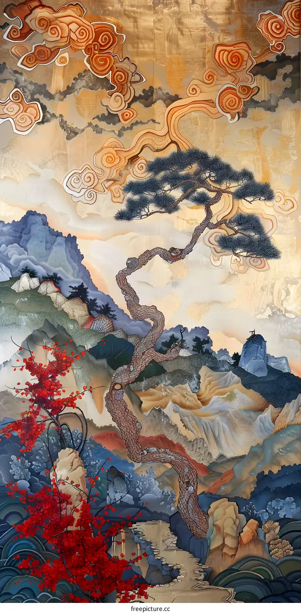 Chinese Painting Landscape With Pine Tree And Mountains