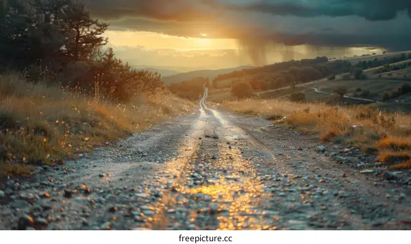 Country Road at Sunset with Rolling Hills