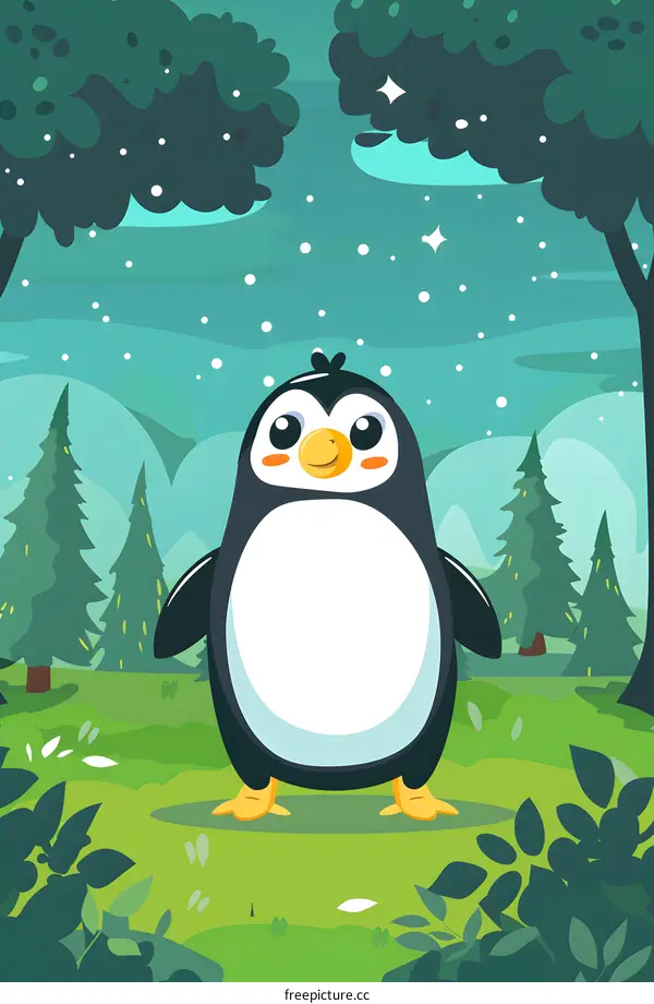 Cute Penguin Cartoon Character Illustration In The Forest