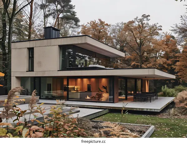 Modern Concrete House With Large Windows In The Woods