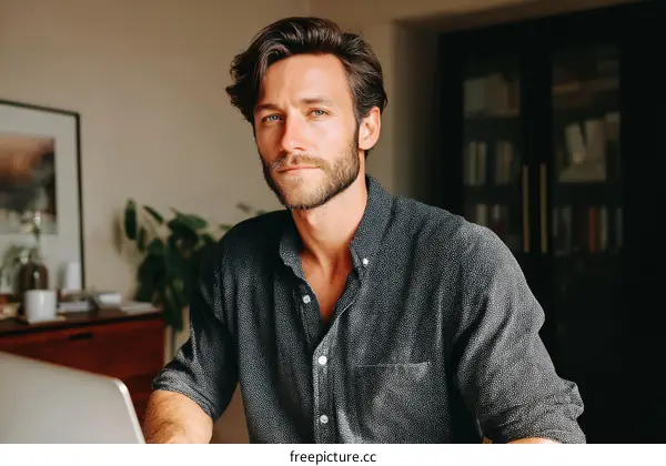 Focused Caucasian Man Working on Laptop at Home