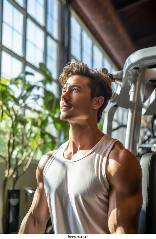 Handsome young man in a white tank top looking out the window in a fitness center