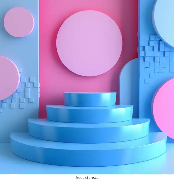 Blue and pink podium with geometric shapes