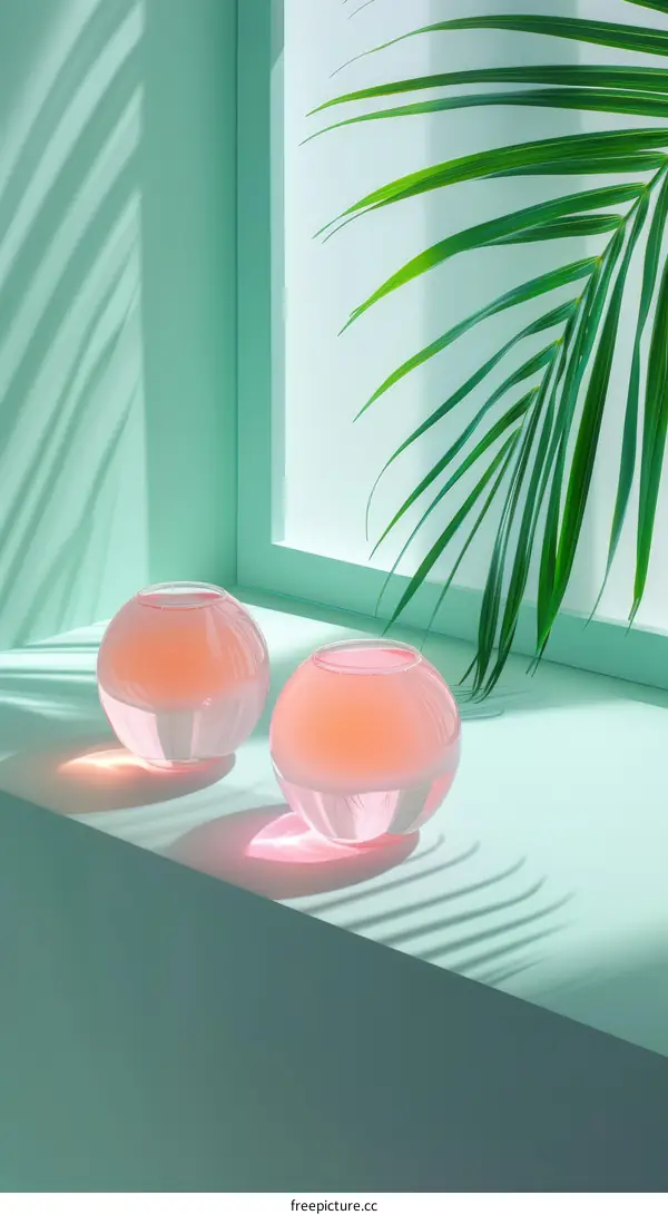 Two Glass Vases with Pink Water on a Window Sill