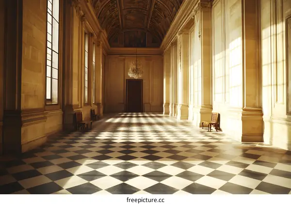 Sunlit Hallway With Checkered Floor And Chandelier