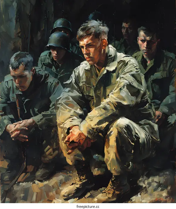 A group of soldiers waiting in a trench during World War II