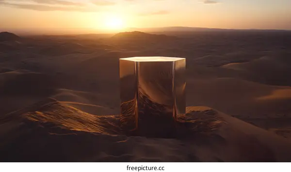 Reflective Cube Standing In The Desert Sand Dunes