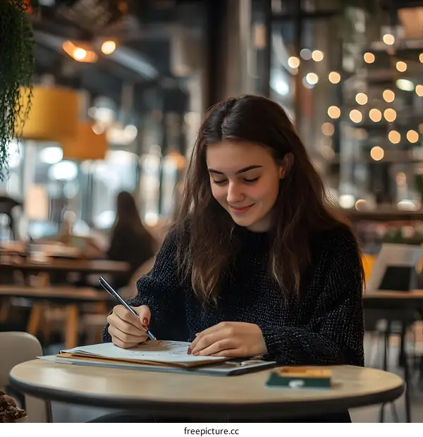 Young Woman Drawing in a Cafe