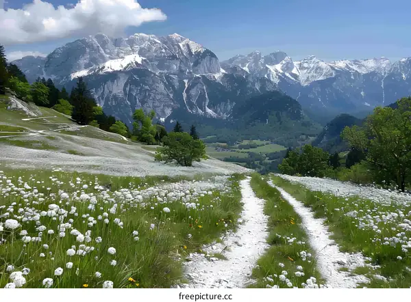 The path through the lush green mountain meadow