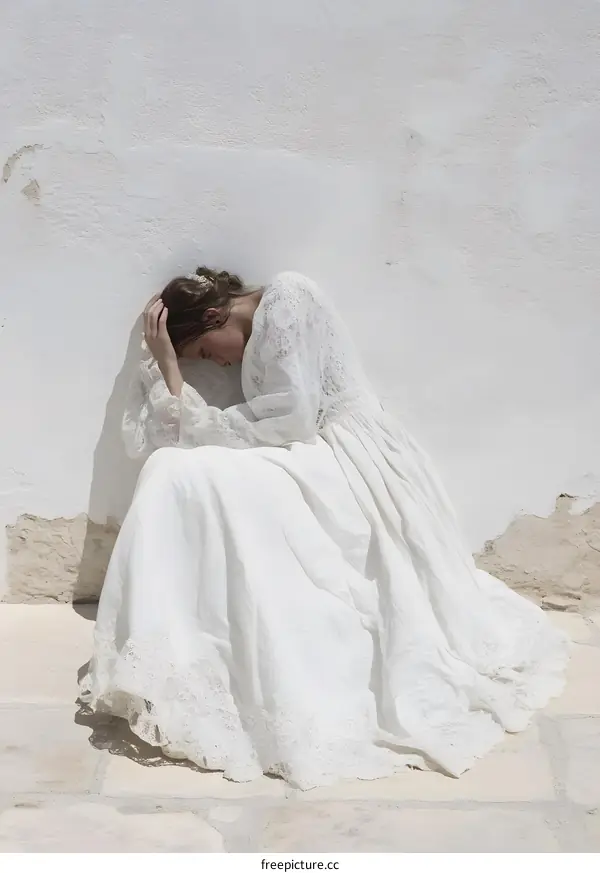 Woman in White Lace Dress Sitting Against a Wall