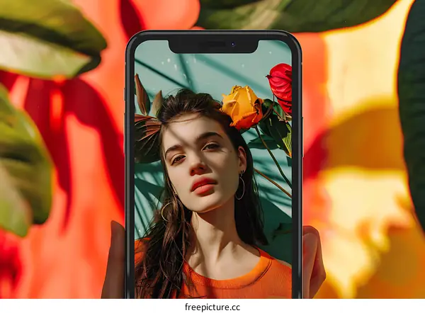 Woman Holding a Smartphone With a Photo of a Woman With Flowers in Her Hair