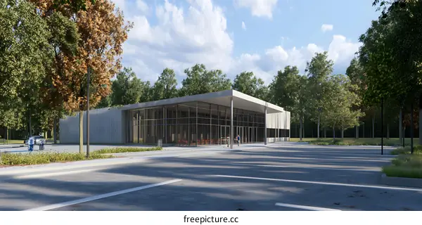 Modern Glass Building with Forest Background