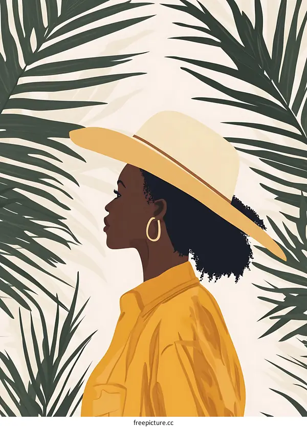 Black Woman In A Straw Hat And Yellow Shirt Standing In Front Of Palm Leaves