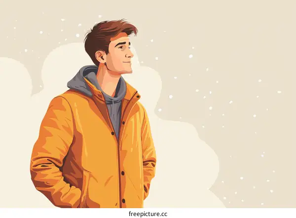 A young man wearing a yellow jacket is looking up at the sky.