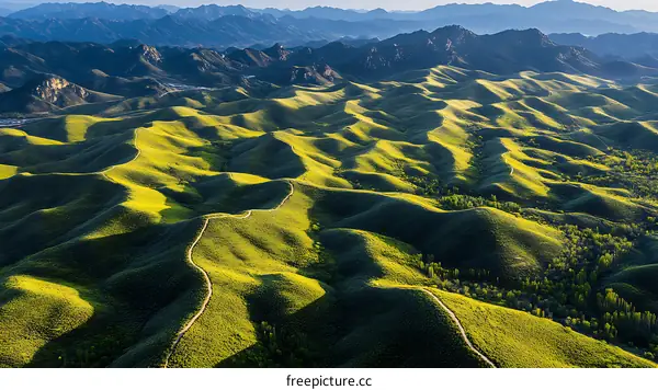 Aerial View of Rolling Hills and Valleys