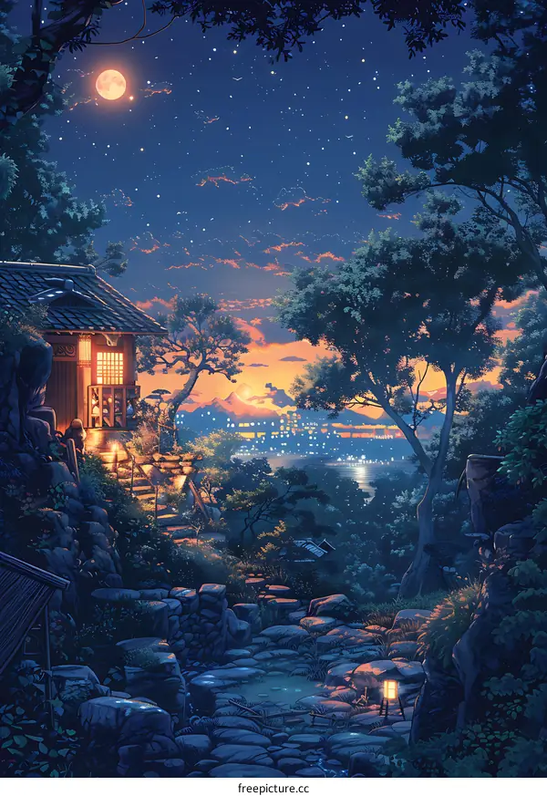 Tranquil Night in a Japanese Garden