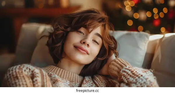 A young woman is sitting on a couch and smiling.