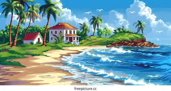 Tropical Beach House Illustration with Palm Trees and Ocean Waves