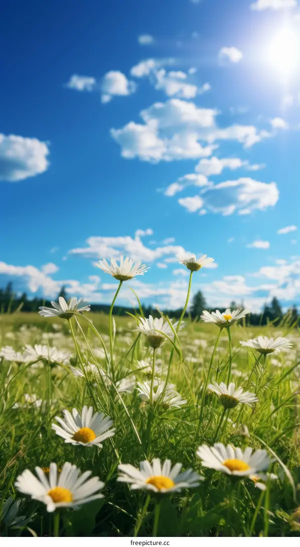 Daisy Field on a Summer Day with White Clouds
