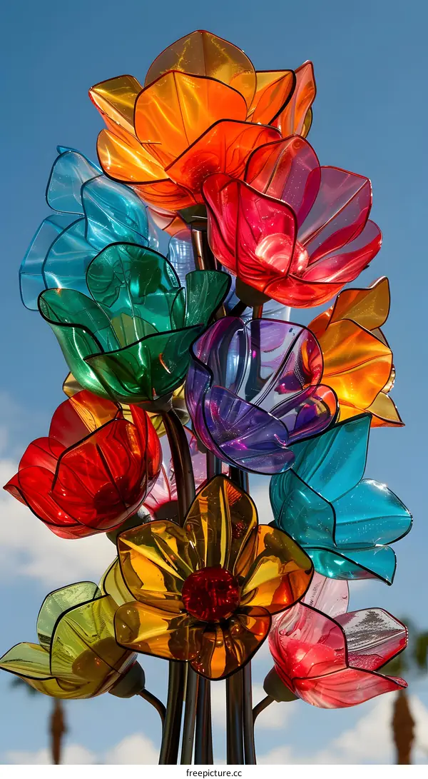 Colorful plastic flowers sculpture